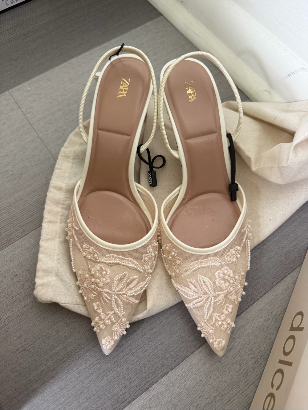 Zara Cream Embroidered Pointed-Toe Slingback Mules
